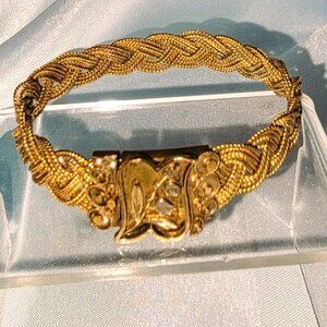 14K Antique Victorian Etruscan Rev Braided Bracelet Lily of The Valley Cartouche